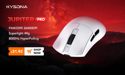 Ratón gaming KYSONA serie Jupiter con cable e inalámbrico, 8Khz, sensor PAW3950, Bluetooth, 46g, recargable, controlador web para PC y portátil