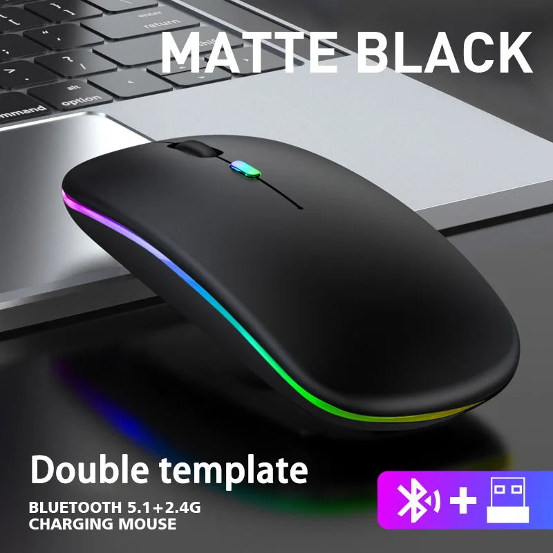 Wireless Mouse with Bluetooth and 2.4GHz Dual Modes Rechargeable RGB Ergonomic Silent Click for PC iPad Laptop Cell Phone TV
