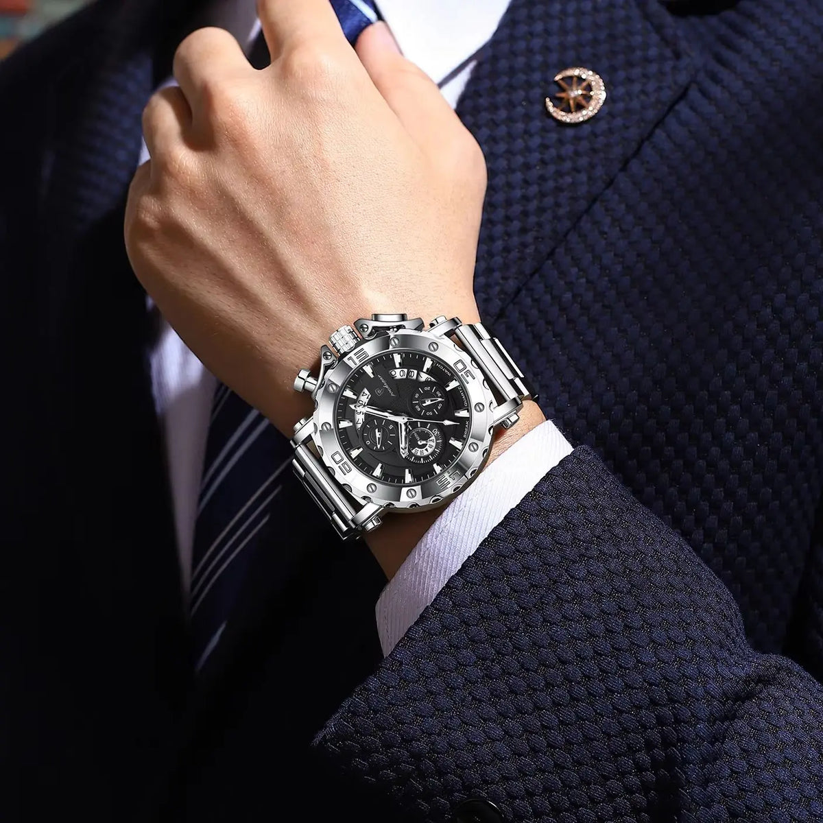 POEDAGAR Herren-Luxusuhr, leuchtend, wasserdicht, Chronograph, Datumsanzeige, Edelstahl, Quarz, Reloj