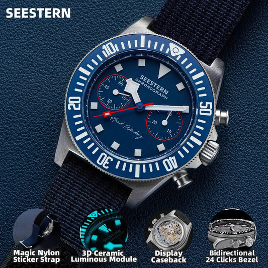 Cronógrafo SEESTERN para homem com movimento mecânico Tianjin ST1901, vidro de safira, bracelete de nylon, autocolante, luminoso, esqueleto
