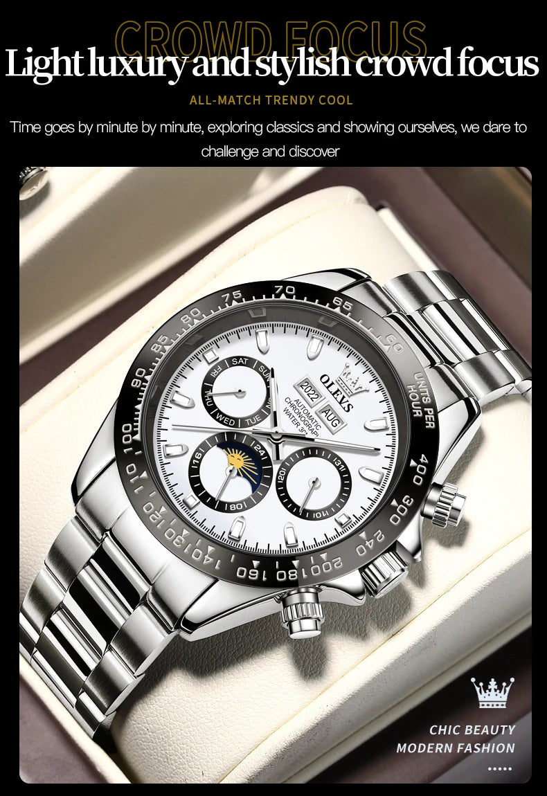 OLEVS 6654 Luxury Mens Watch Chronograph Automatic Mechanical Wristwatch Waterproof Luminous Top Brand Watch for Man Date Sport