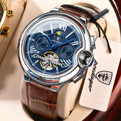 POEDAGAR Luxus-Herrenuhr – Mechanisches Automatikmodell mit Datums- und Wochentagsanzeige, Lederarmband, Tourbillon, wasserdicht, eleganter und professioneller Stil.
