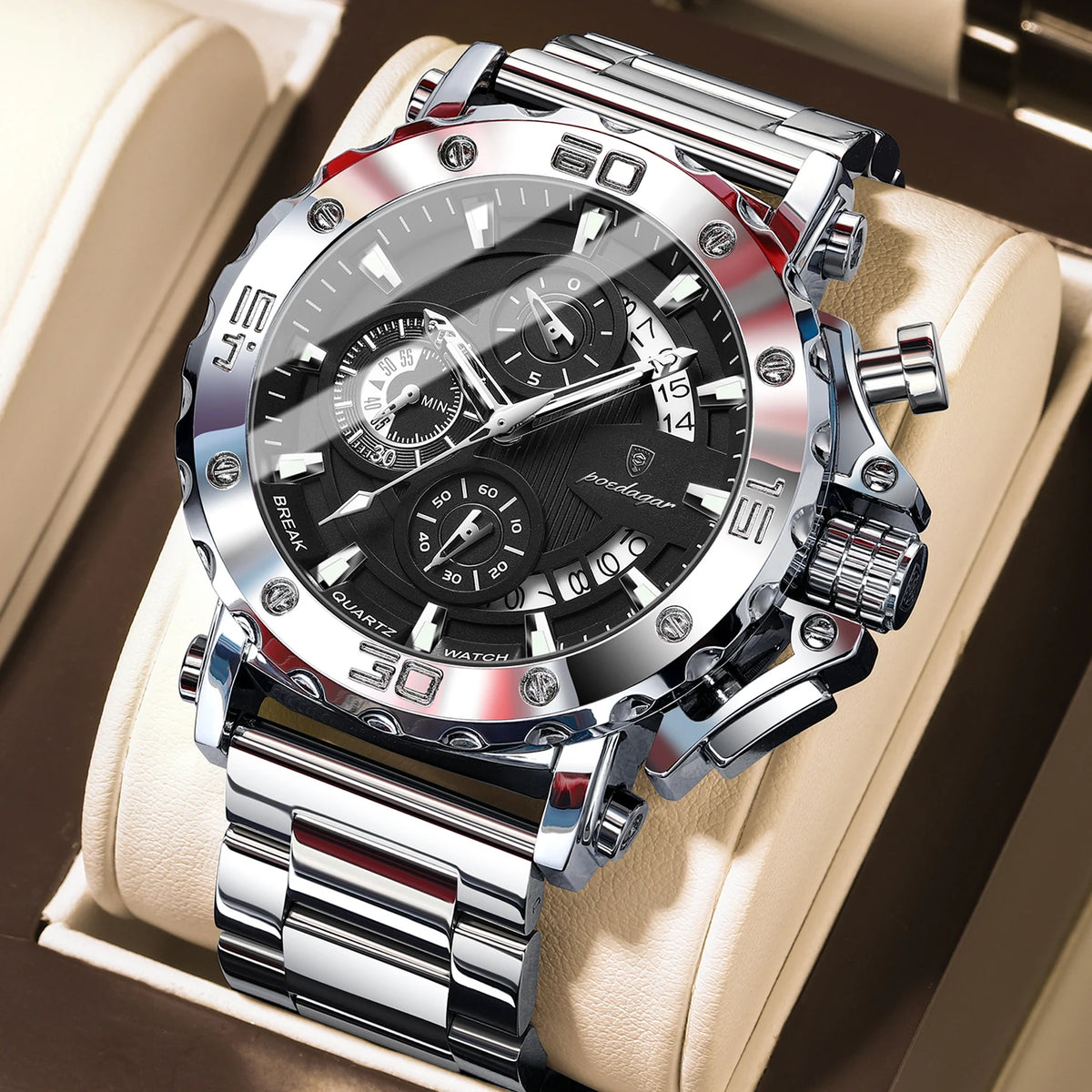 POEDAGAR Herren-Luxusuhr, leuchtend, wasserdicht, Chronograph, Datumsanzeige, Edelstahl, Quarz, Reloj
