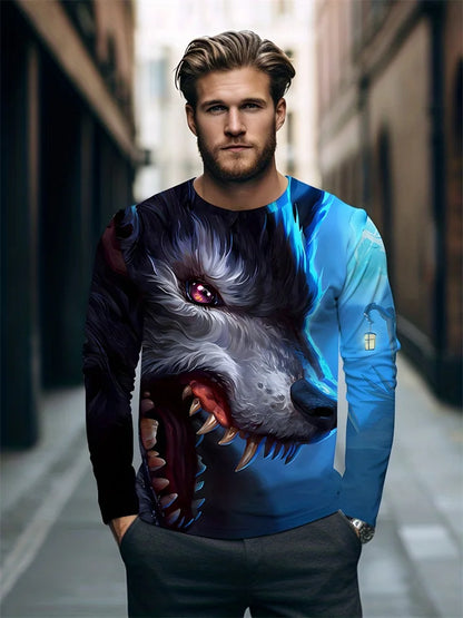 2024 Neues Herren-Langarmshirt mit Wolf-Print – lässiges Herren-Shirt für Frühling und Herbst, Street-Fashion-Langarmshirt
