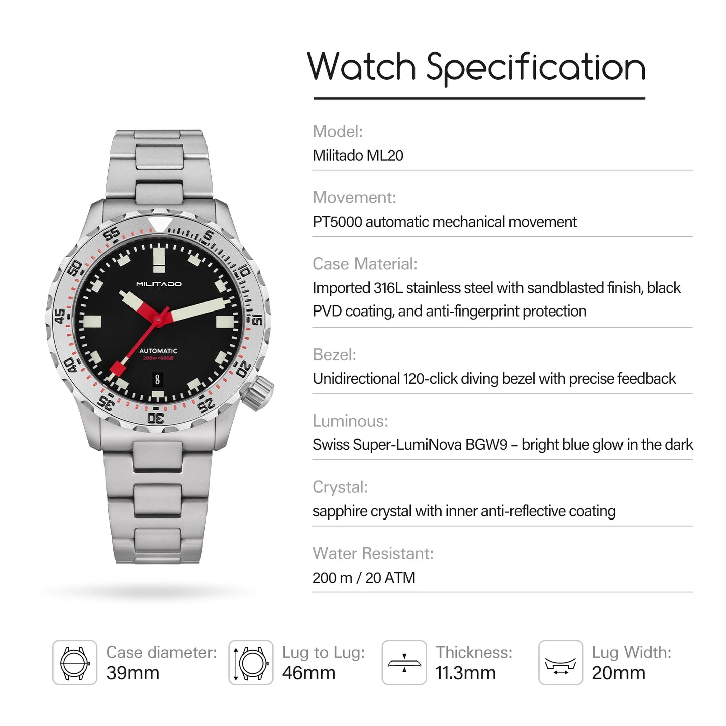 Militado ML20 39mm Men Watch PT5000 Automatic Movement Sapphire Luminova Watches Stainless Steel 200m Waterproof Wristwatch