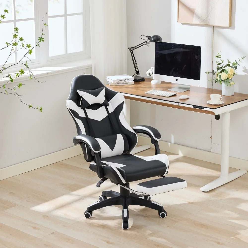 360° Swivel Ergonomic Racing Design Gaming Chair Leather High Back Office Chair Height Adjustable Task Chair, Black & White