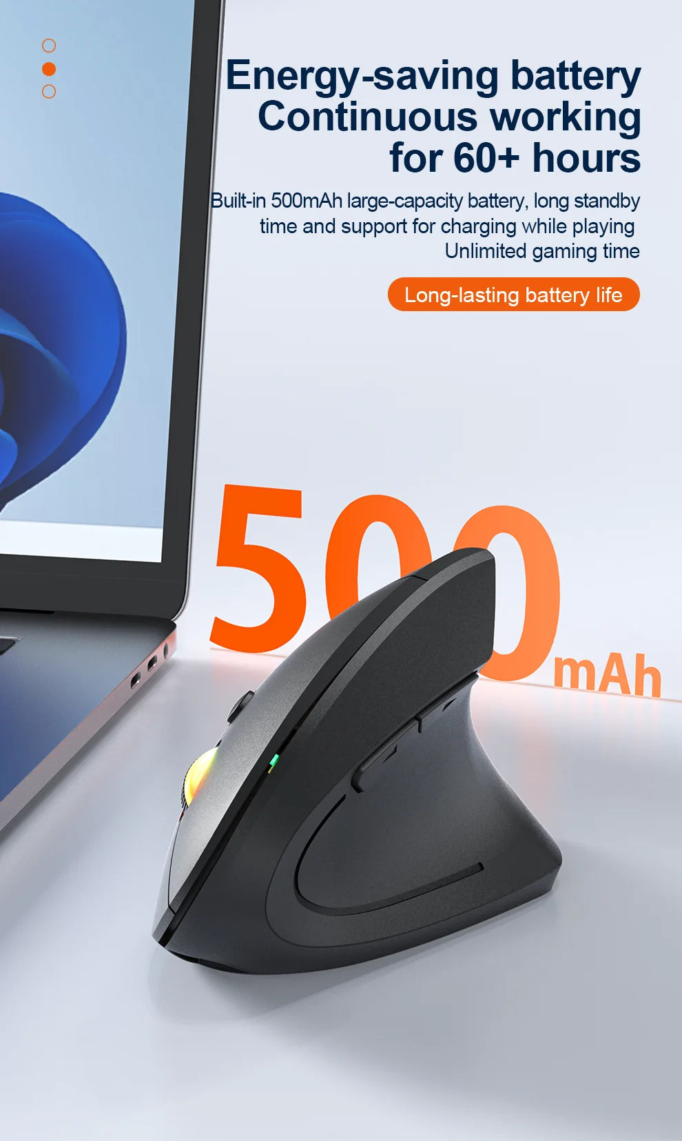 2.4G Bluetooth kabellose vertikale Maus, wiederaufladbar, ergonomisch, 1600DPI einstellbare Gaming-Maus mit 6 Tasten für Laptop, PC und Computer