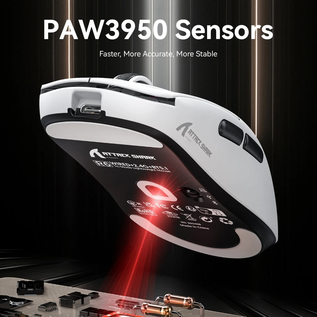 Ratón gaming Attack Shark R6 ultraligero de 38g, PAW3950, tasa de sondeo 8K, inalámbrico, Nordic 52840, 24000DPI, triple modo