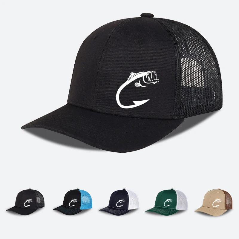 Bass Fish Hook Print Trucker Hat Podesiva uniseks kapa s mrežicom za pecanje, ventilator i sunce