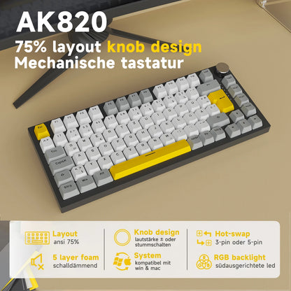 Tastiera meccanica cablata AJAZZ AK820 75%: hot‑swappable, retroilluminazione RGB/bianca/azzurro ghiaccio, controllo con manopola del volume | Per ufficio e gaming