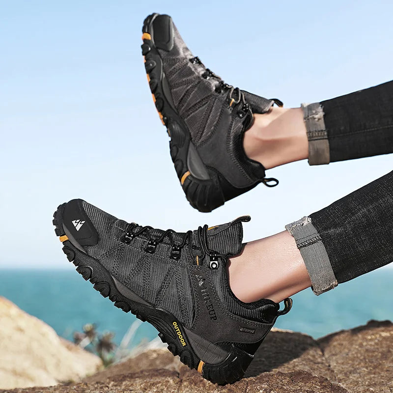 HIKEUP Pantofi de drumeție pentru bărbați, pentru patru sezoane, sport outdoor, piele naturală, rezistenți la uzură, pantofi de escaladă cu talpă din cauciuc, sneakeri de trekking
