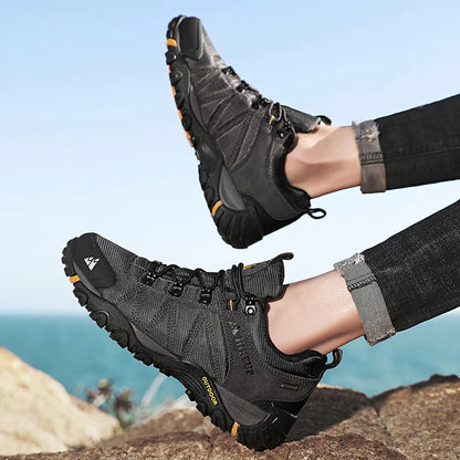 HIKEUP Pantofi de drumeție pentru bărbați, pentru patru sezoane, sport outdoor, piele naturală, rezistenți la uzură, pantofi de escaladă cu talpă din cauciuc, sneakeri de trekking
