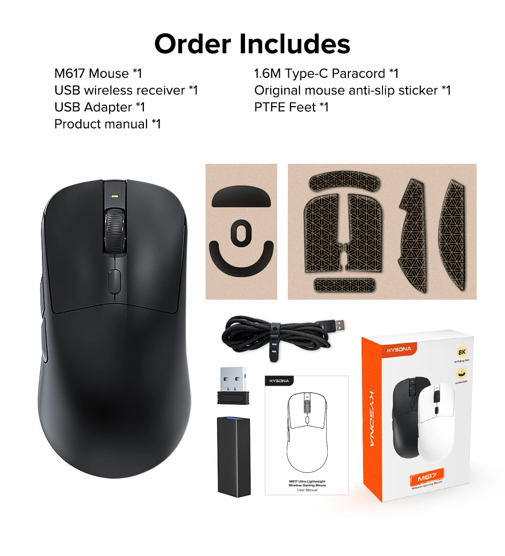 KYSONA M617 Wireless Mouse Ergonomics Tri-mode Rechargeable 2.4G 59g Lightweight E-sports PAW 3395 DPI 26K Gaming Mouse For PC