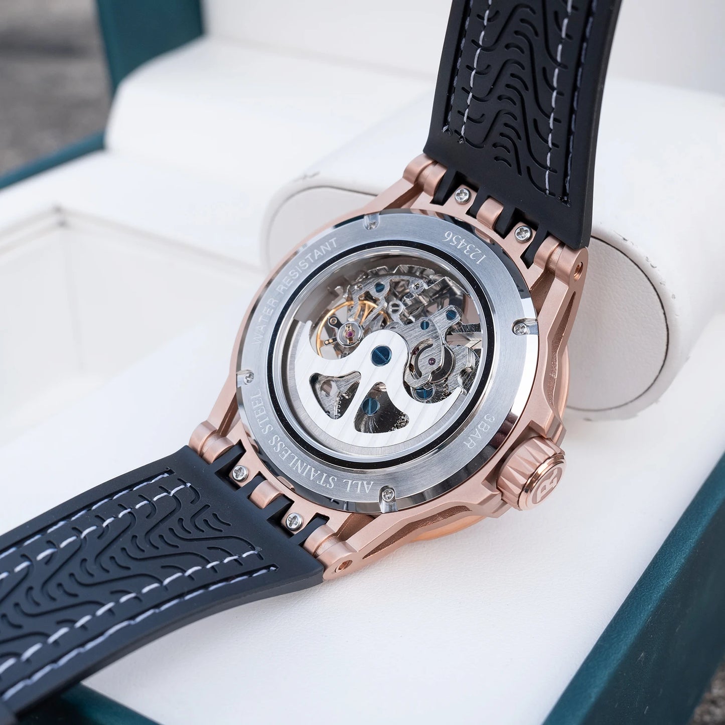 OBLVLO Mens Luxury Machinery Skeleton Dial Mechanical Automatic Watch Analog White Rubber Band Military Watch RD-901