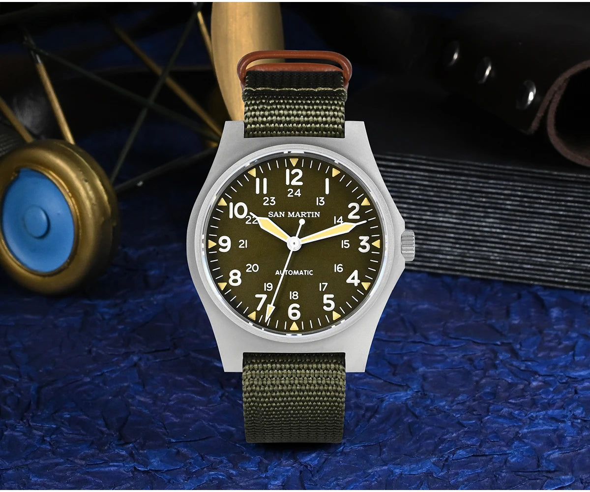 San Martin Pilot Watch 38mm NH35 Retro Military Automatic Mechanical Wristwatch Bead Blasted Case Waterproof 100m SN0137