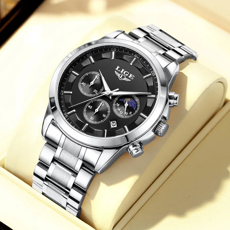 Montre pour homme LIGE – Chronographe à quartz de luxe, étanche (3 bars), avec aiguilles luminescentes