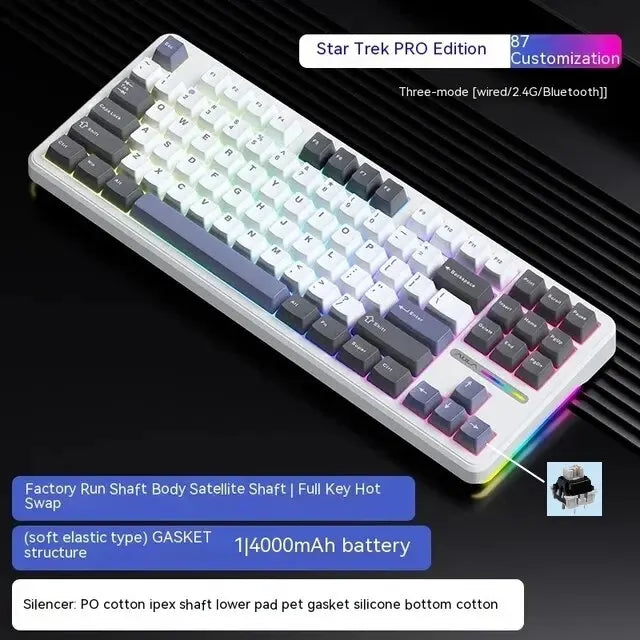 Teclado Mecânico AULA F87 Pro 2.4g/USB/Bluetooth sem fios trimodo, 87 teclas, RGB, PBT, estrutura gasket, 5 camadas de isolamento acústico, teclas completas sem impacto