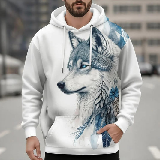 Sweatshirt com Capuz para Homem Fashion Animal com Estampado 3D de Lobo, Sweatshirt de Outono com Capuz, Estilo Street Casual Y2K, Oversized, Roupa Unissexo Masculina
