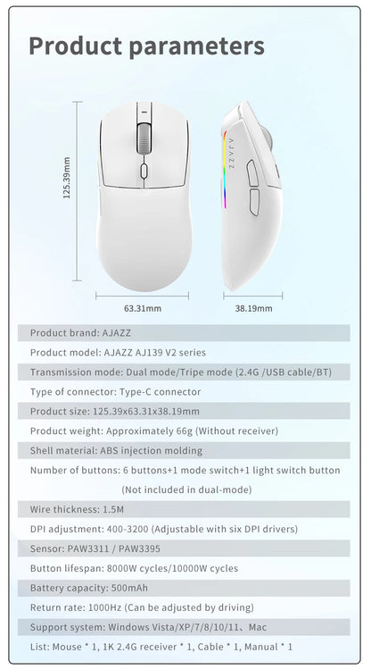Mouse wireless AJAZZ AJ139Pro/AJ139V2MC con chipset PMW3395/PAW3311, 12000-26000Dpi, mouse da gaming professionale