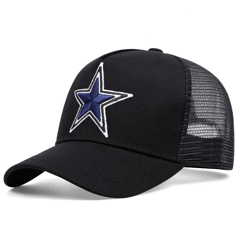 Simbolo semplice: stella a cinque punte. Ricamo. Cappellino da baseball da esterno. Traspirabilità estiva. Cappellino hip hop in rete. Cappellino da camionista.