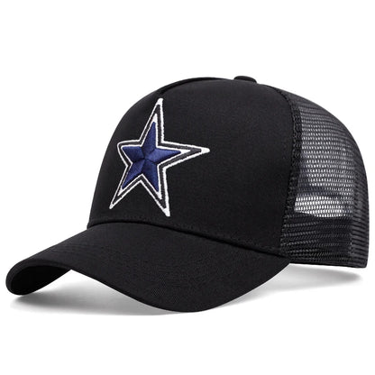 Simbolo semplice: stella a cinque punte. Ricamo. Cappellino da baseball da esterno. Traspirabilità estiva. Cappellino hip hop in rete. Cappellino da camionista.