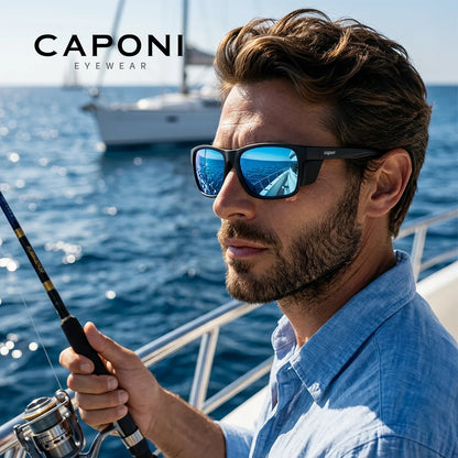 CAPONI Polarized Men Sunglasses Outdoor Sport Fishing Sun Glasses Square Anti-Oil and Water Blue HD Lenses Black Shades CP36505