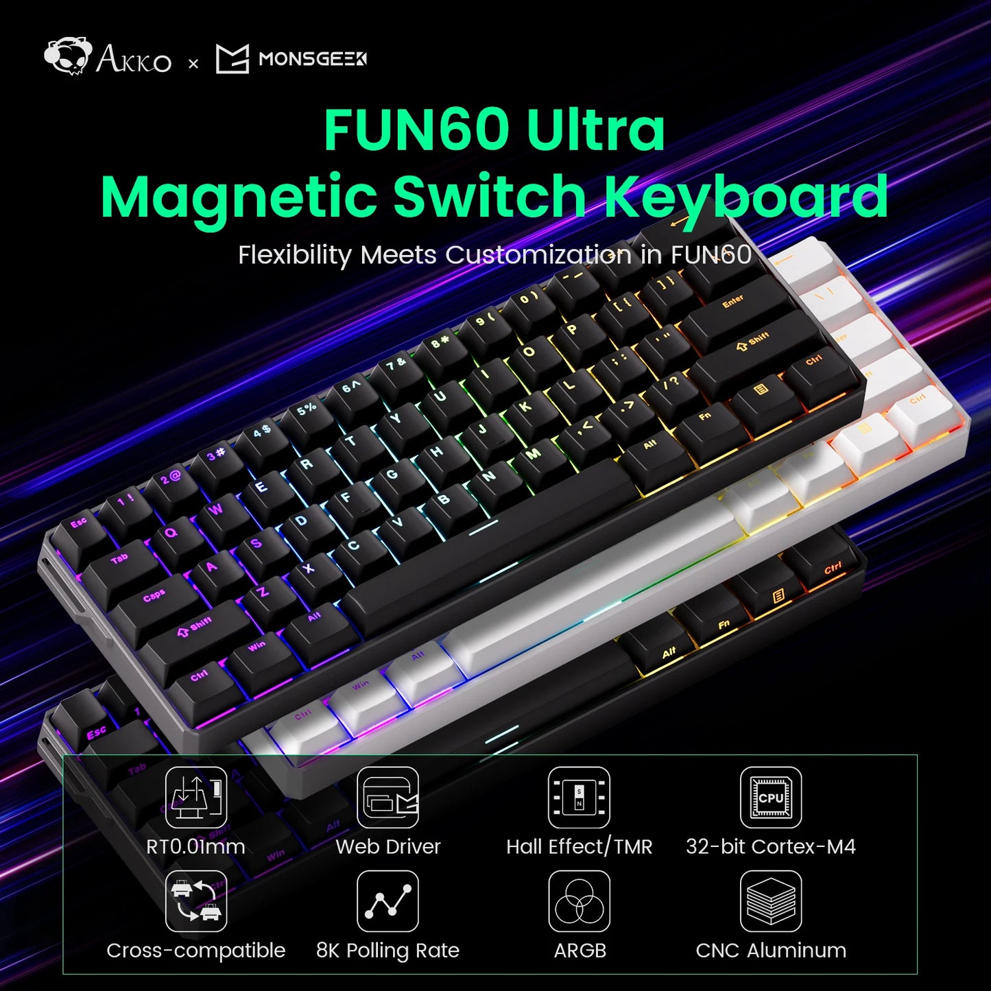 Tastiera gaming meccanica Akko MonsGeek FUN60 Ultra con switch magnetici, 60%, Rapid Trigger 8K HE/TMR, tastiera gamer personalizzata in alluminio