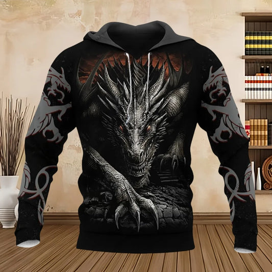 Sweatshirt com Capuz Unissexo para Homem, Manga Comprida, Estampado 3D com Dragão Tattoo, Primavera/Outono, Streetwear Casual, Pullover, Fato de Treino