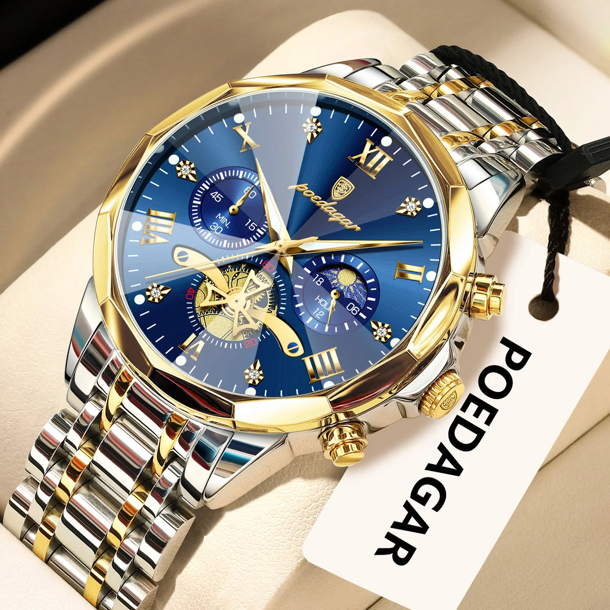 Originele luxe POEDAGAR herenhorloge, waterdicht, chronograaf met verlichting, roestvrijstalen quartz-polshorloge, hoogwaardige herenhorloges