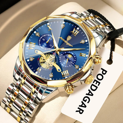 Originele luxe POEDAGAR herenhorloge, waterdicht, chronograaf met verlichting, roestvrijstalen quartz-polshorloge, hoogwaardige herenhorloges