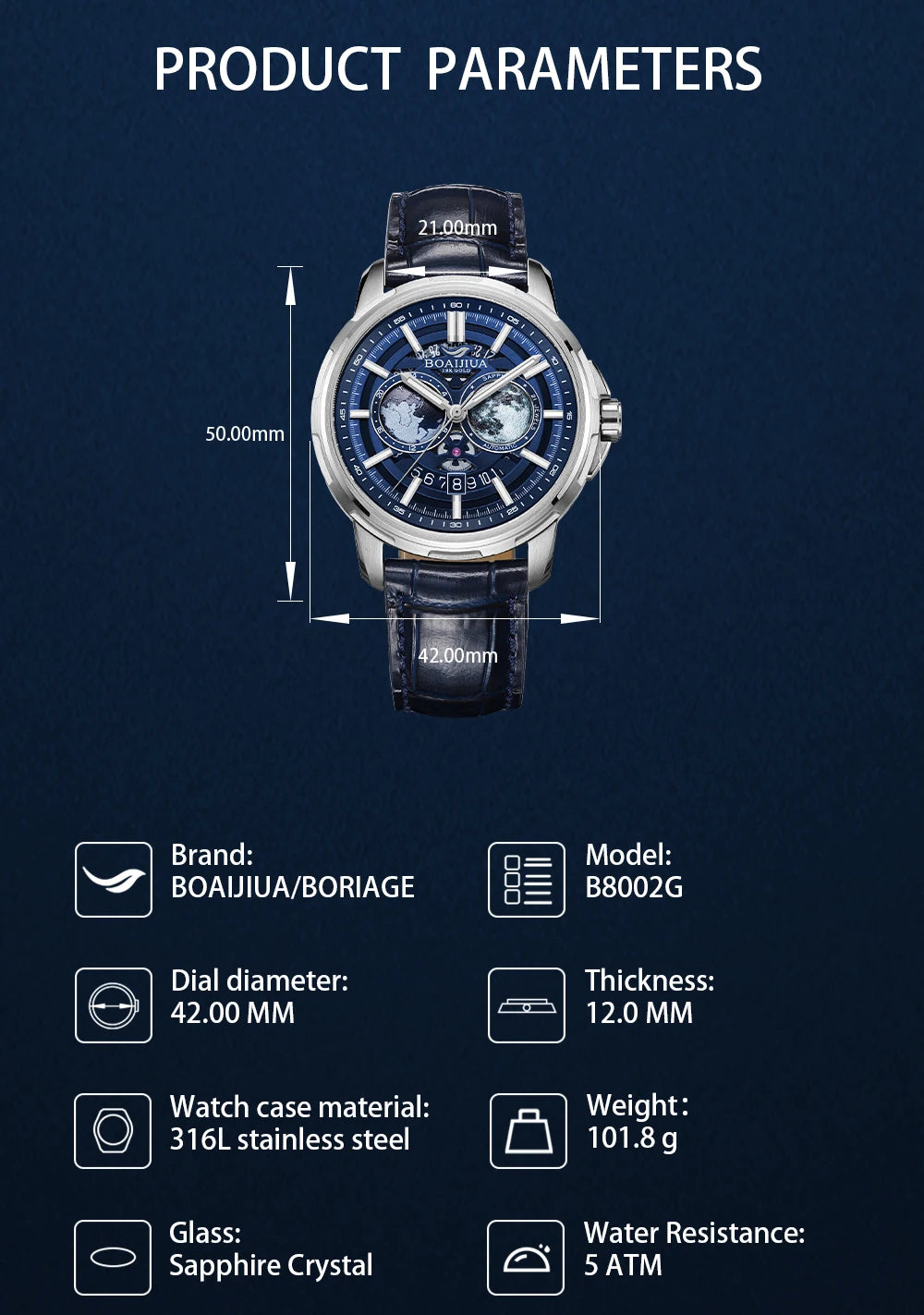BORIAGE(BOAIJIUA) Fully Automatic Mechanical Men's Watch Original Design Mechanical Watches Waterproof Luminous Wristwatch