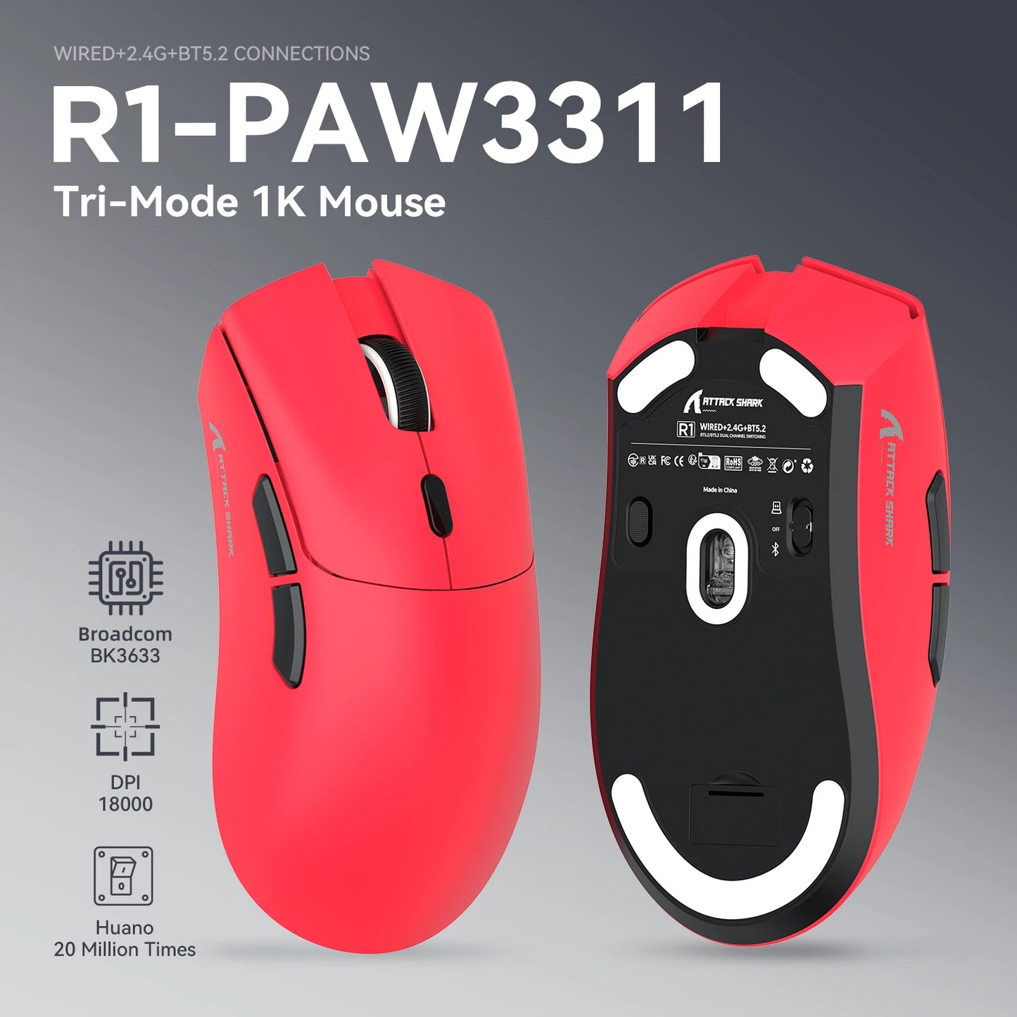 ATTACK SHARK R1 trijų režimų žaidimų pelė, PixArt PAW3311 jutiklis, 18000 DPI, 1000hz, itin lengva 59g, didelėms rankoms, skirta PC/Mac