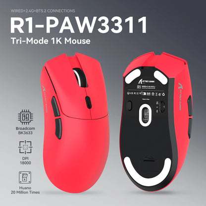 ATTACK SHARK R1 trijų režimų žaidimų pelė, PixArt PAW3311 jutiklis, 18000 DPI, 1000hz, itin lengva 59g, didelėms rankoms, skirta PC/Mac