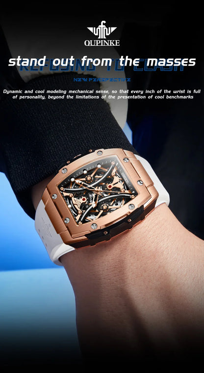 Reloj OUPINKE para hombre, clásico de lujo, esfera tonneau, marca premium original, movimiento mecánico automático, correa de silicona, cristal de zafiro, nuevo