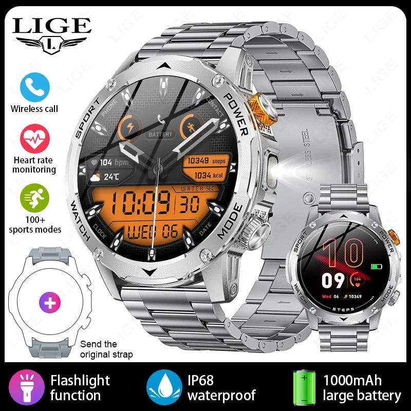 LIGE New Smart Watch Men 1000mAh Large Capacity Battery Outdoor Flashlight Bluetooth Call Waterproof Sport Fitness Smartwatch