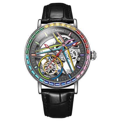 Pánské skeletové hodinky v módním stylu, zdobené drahokamy v barvách duhy, vybavené tourbillonem; luxusní mechanické hodinky s automatickým nátahem, vodotěsné do hloubky 30 metrů.