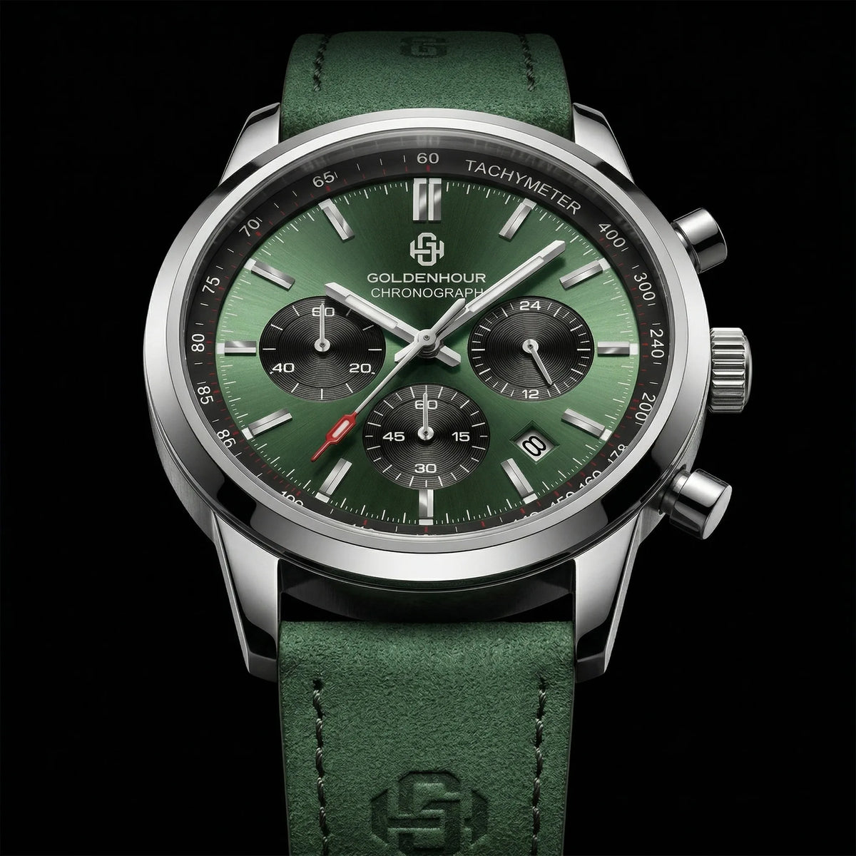 GOLDENHOUR luxury men’s watch – Quartz chronograph, green dial, leather strap, water-resistant, luminescent, military and sporty style