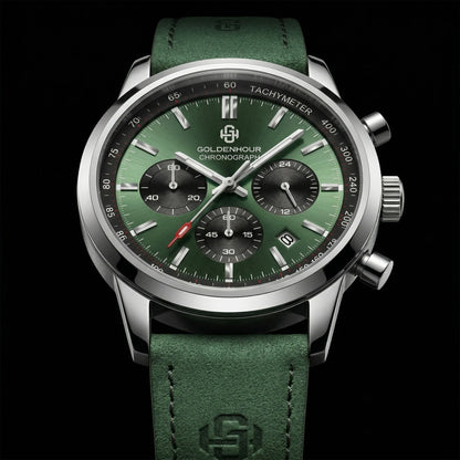 GOLDENHOUR luxury men’s watch – Quartz chronograph, green dial, leather strap, water-resistant, luminescent, military and sporty style
