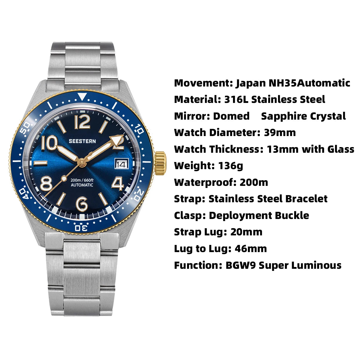 Sugess Diving Watch for Men Automatic Mechanical Wristwatches 20ATM Waterproof Sapphire NH35A Movement BGW9 Luminous New S434-2