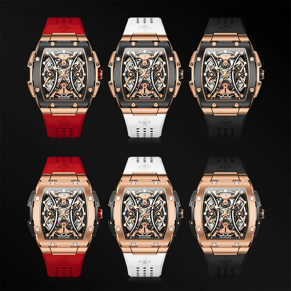 Reloj OUPINKE para hombre, clásico de lujo, esfera tonneau, marca premium original, movimiento mecánico automático, correa de silicona, cristal de zafiro, nuevo