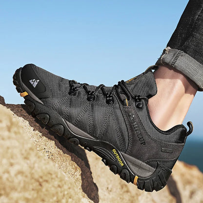 HIKEUP Pantofi de drumeție pentru bărbați, pentru patru sezoane, sport outdoor, piele naturală, rezistenți la uzură, pantofi de escaladă cu talpă din cauciuc, sneakeri de trekking