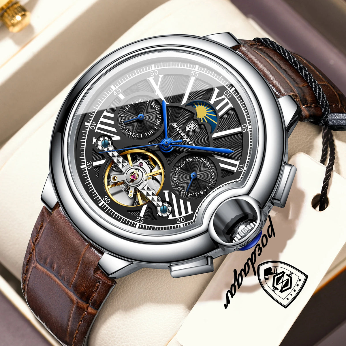 POEDAGAR Luxus-Herrenuhr – Mechanisches Automatikmodell mit Datums- und Wochentagsanzeige, Lederarmband, Tourbillon, wasserdicht, eleganter und professioneller Stil.