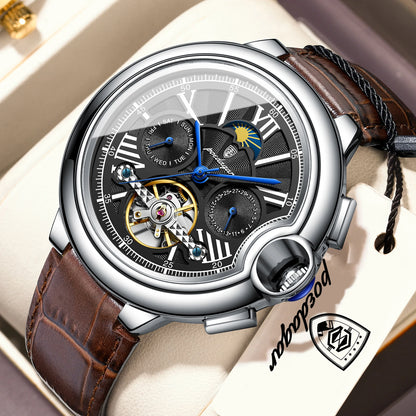 POEDAGAR Luxus-Herrenuhr – Mechanisches Automatikmodell mit Datums- und Wochentagsanzeige, Lederarmband, Tourbillon, wasserdicht, eleganter und professioneller Stil.