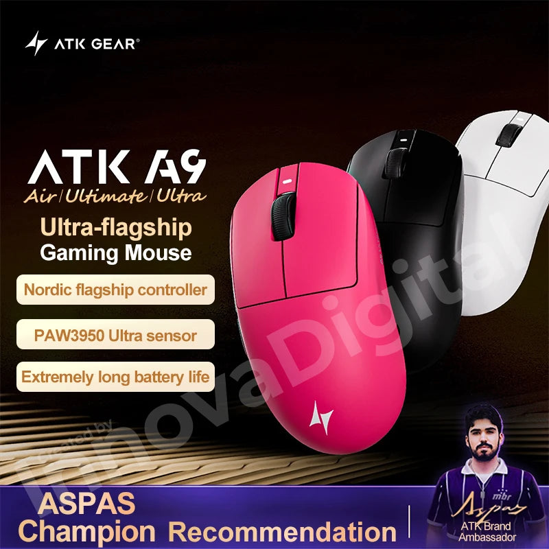 Mouse da gaming wireless ATK Dragonfly A9 Ultimate A9 Air PAW3950 ultraleggero ergonomico e-sport per gamer FPS CSGO A9 Ultra