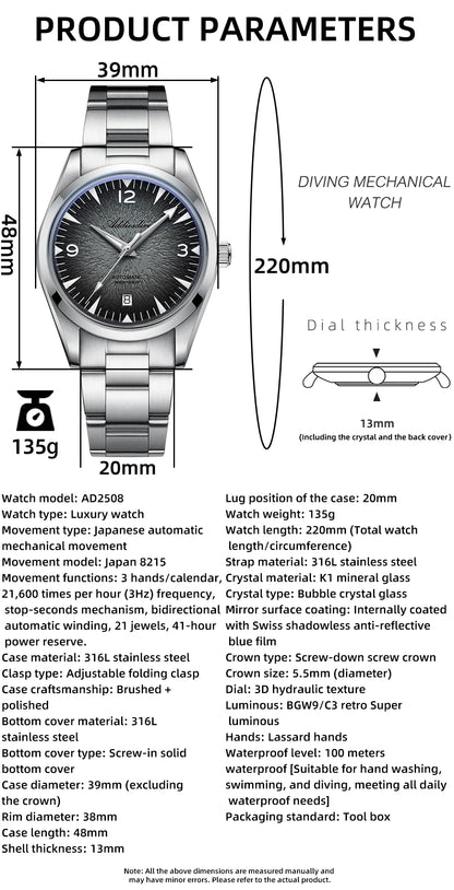 Orologio subacqueo da uomo ADDIESDIVE AD2508 luminoso, impermeabile 100M, in acciaio inossidabile 316L, movimento 8215, automatico meccanico
