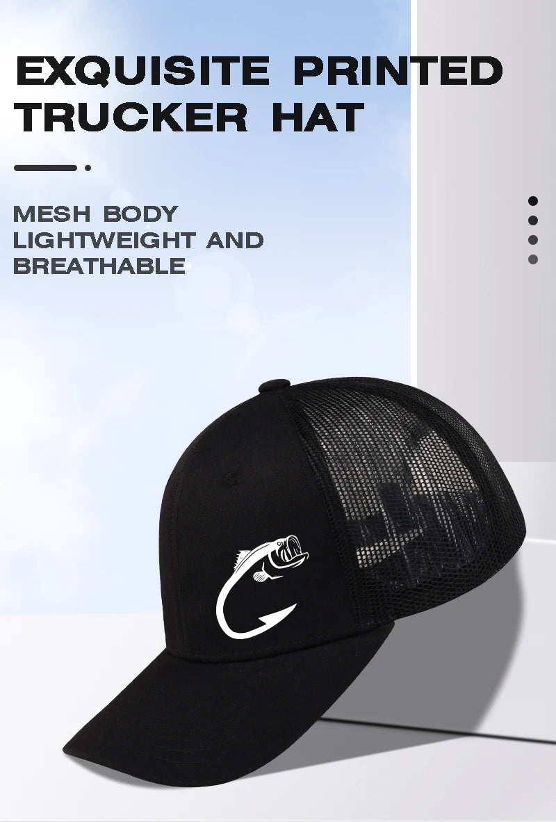 Bass Fish Hook Print Trucker Hat Podesiva uniseks kapa s mrežicom za pecanje, ventilator i sunce