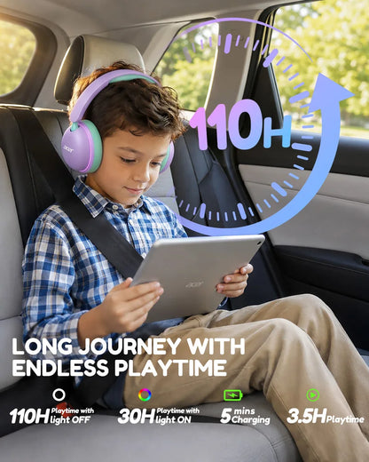 Casque Bluetooth 6.0 pour enfants Acer OHR727 avec lumières LED, conception confortable circumaurale, volume sécurisé de 85 dB, autonomie de 110 heures, microphone intégré