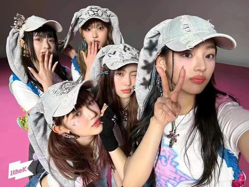 New MinJi Haerin OMG Stage Long Rabbit Ear Hat Y2K Style Denim Blue Baseball Cap Fashion Hip-Pop Cap Couple Birthday Gifts