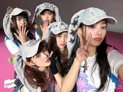 New MinJi Haerin OMG Stage Long Rabbit Ear Hat Y2K Style Denim Blue Baseball Cap Fashion Hip-Pop Cap Couple Birthday Gifts