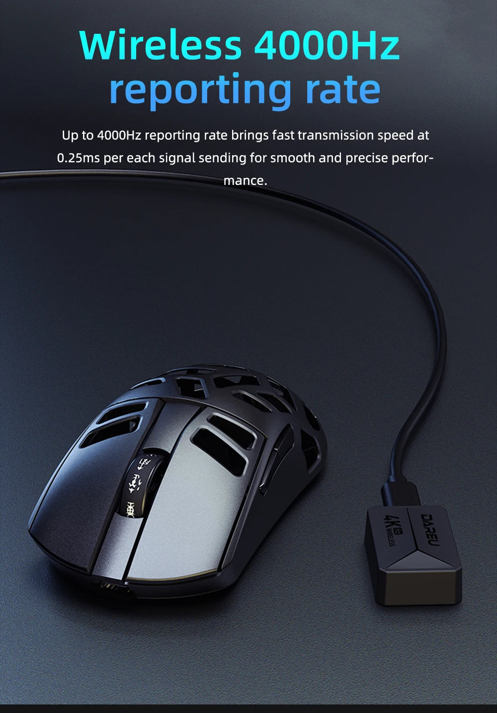 Mouse da gaming wireless DAREU Al-mg Tri-mode 8Khz PBT con ricarica rapida, PAW3950, 30000 DPI, leggero, per PC gamer